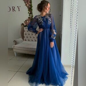 Women’s Elegant Blue Floral Embroidered Tulle Gown